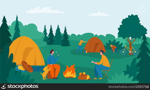 People camping, group of tourists with tent and bonfire. Vector of tourist travel group outdoor with campfire and campsite illustration. People camping, group of tourists with tent and bonfire