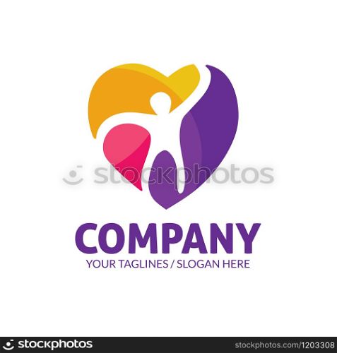 people care logo, base from creative colorful heart sign and abstract human in center