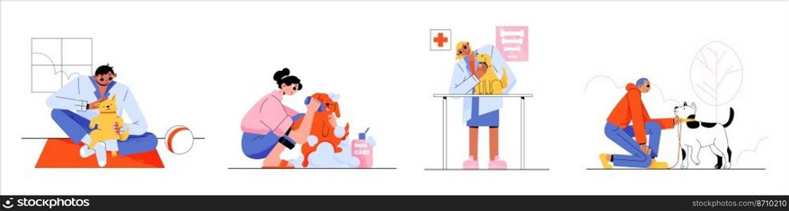 People care of dogs. Male and female characters walking, playing, hugging or washing, visit veterinary clinic with pets. Leisure, communication, love to animals. Linear flat vector illustration, set. People care of dogs, communication with animals