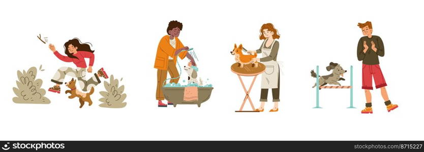 People care of dogs, owners fun and spend time with pets. Men and women, training, grooming, walking, bathing and playing with animals, characters love puppies, Linear flat vector illustration. People care of dogs, owners spend time with pets