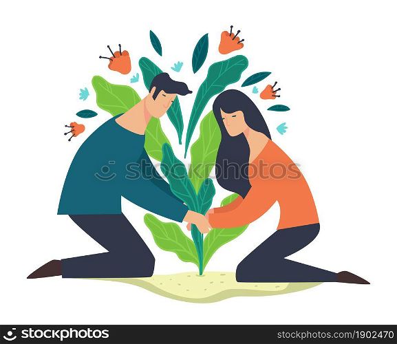 People caring for environment cultivating and growing plants. Man and woman protecting nature and ecosystem, ecologically friendly characters. Flourishing bush of flowers. Vector in flat style. Man and woman planing seedling of flower or tree