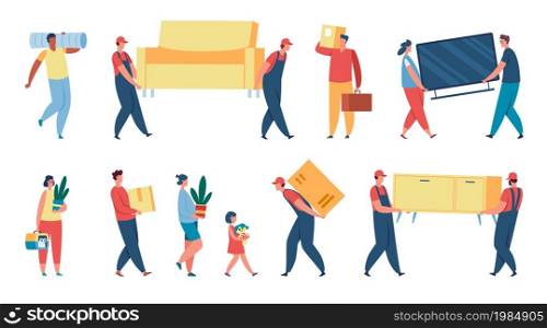 People carrying boxes and things, loaders in uniform moving furniture. Delivery worker with package, character holding cardboard box vector set. Woman, man and child carrying plants, toys an tv