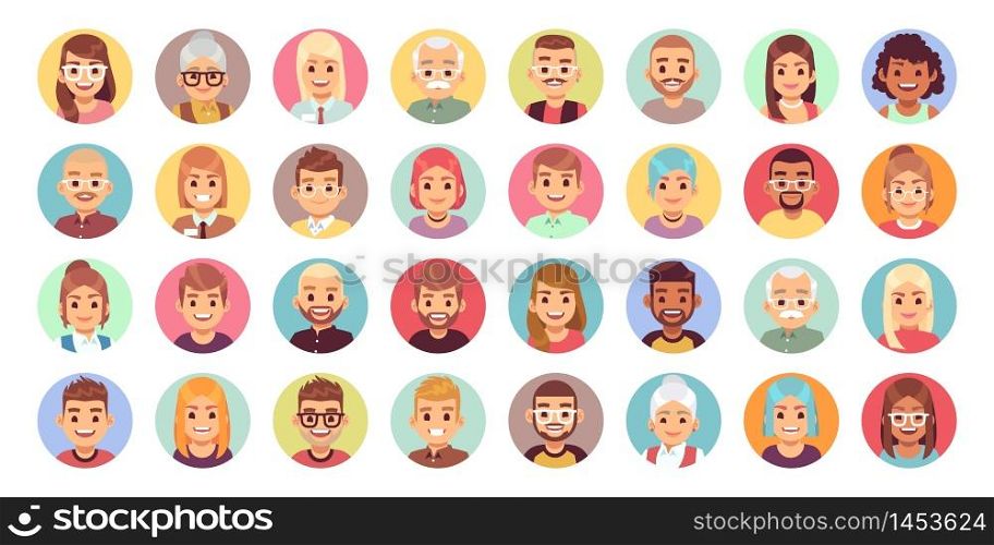 People cartoon avatars. Diversity of office workers flat character and avatar portraits, vector face icon set. People cartoon avatars. Diversity of office workers flat character and avatar portraits vector icon set