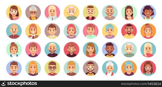 People cartoon avatars. Diversity of office workers flat character and avatar portraits, vector face icon set. People cartoon avatars. Diversity of office workers flat character and avatar portraits vector icon set