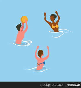 People catching ball in water, summer aqua activity. Man and woman wearing swimsuit, flat design style, splashing and playing volleyball in pool vector. Friends Playing Volleyball in Pool, Summer Vector