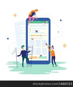 People catching bugs on the mobile app. IT software application testing, quality assurance, QA team and bug fixing concept. Vector illustration in flat style on white background. People catching bugs on the mobile app. IT software application testing, quality assurance, QA team and bug fixing concept. Vector illustration in flat style