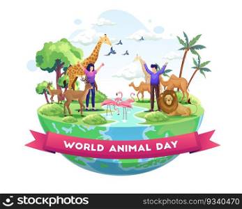 People Celebrate World Animal Day. Animals on the planet, Wildlife Day with the animals. Vector Illustration