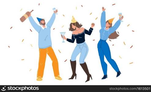 People Celebrating Birthday Or Christmas Vector. Young Man And Women Celebrating Anniversary Or Xmas, Drinking Alcoholic Beverage And Dancing Together. Characters Party Flat Cartoon Illustration. People Celebrating Birthday Or Christmas Vector