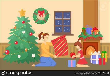 People celebrating Christmas at home vector. Mother and daughter in room unpacking presents for winter holidays. Pine tree with baubles and star, wreath on wall. Fireplace with boxes and mistletoe. Christmas Holidays at Home, Family with Gifts