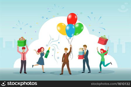 People celebrating festive party with ch&agne and balloons in happy manner. Idea for special occasion, holidays or new year party.