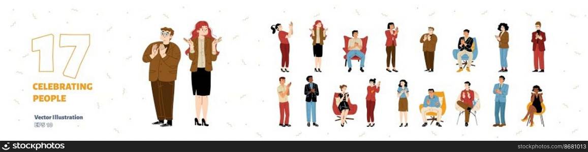 People celebrating, flat vector illustration set isolated on white background. Happy male and female characters applauding, clapping hands, sitting and standing at party or business presentation. People celebrating, flat vector illustration set