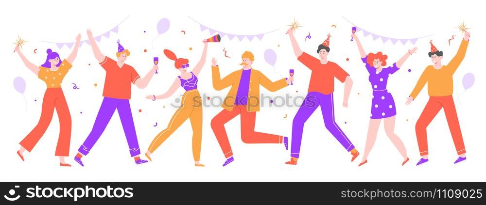 People celebrating. Happy celebration party, joyful women and men celebrating together with balloons and confetti. Dance celebration party vector isolated illustration. Birthday, festive event. People celebrating. Happy celebration party, joyful women and men celebrating together with balloons and confetti. Dance celebration party vector isolated illustration. Anniversary, festive event