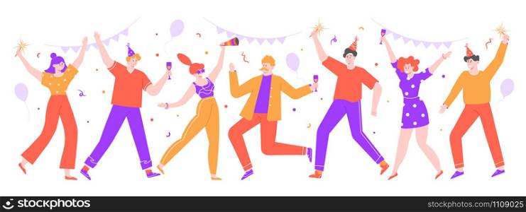 People celebrating. Happy celebration party, joyful women and men celebrating together with balloons and confetti. Dance celebration party vector isolated illustration. Birthday, festive event. People celebrating. Happy celebration party, joyful women and men celebrating together with balloons and confetti. Dance celebration party vector isolated illustration. Anniversary, festive event