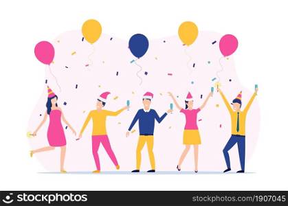 People Celebrating New Year Party with Champagne Glasses and Confetti. Happy Business Colleagues Managers Team in Santa Hats Celebrate Christmas Holiday in Office. Vector illustration flat style. People Celebrating New Year