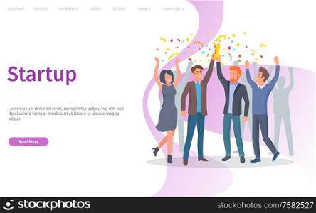 People celebrating success of company vector, achievement of results. Confetti and prize, triumph of team, teamwork in achieving perfection. Website or webpage template, landing page flat style. Startup Success of Business Project Celebration Web