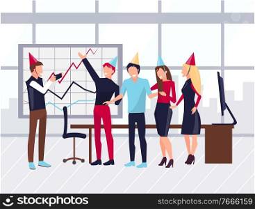 People celebrating success of company vector, man and woman great achievement. Workplace with presentation on board, laptop screen and workers mood. Successful Launching of Startup Office Workers