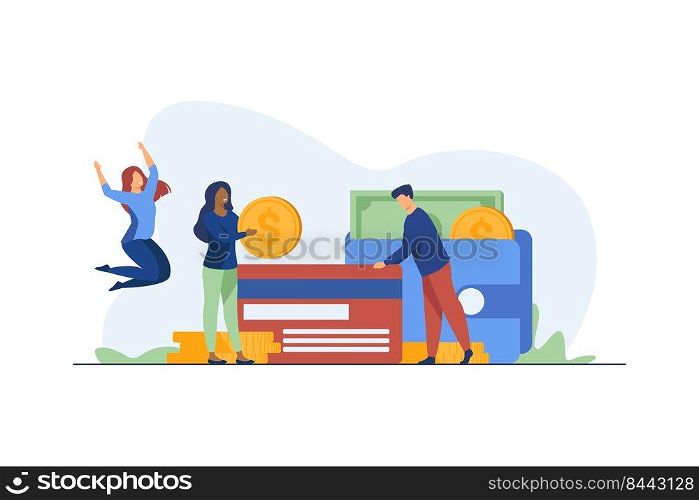 People celebrating successful investment and getting profit. Money, finance, benefit. Vector illustration. Investment concept can be used for presentations, banner, website design, landing web page. People celebrating successful investment and getting profit