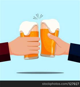 People celebrating with beer glasses and blue background