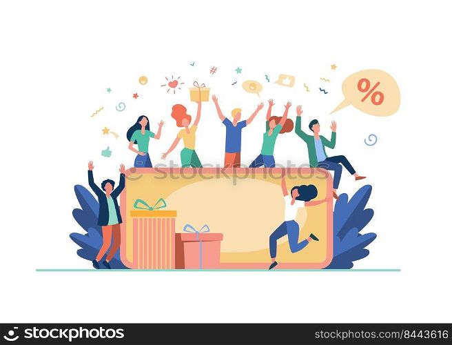 People celebrating with gift card voucher isolated flat vector illustration. Cartoon happy customers winning abstract prize, certificate or discount coupon. Creative strategy c&and money concept