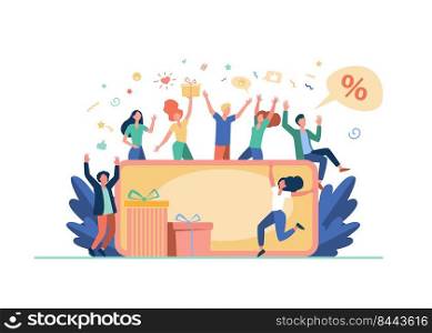 People celebrating with gift card voucher isolated flat vector illustration. Cartoon happy customers winning abstract prize, certificate or discount coupon. Creative strategy c&and money concept