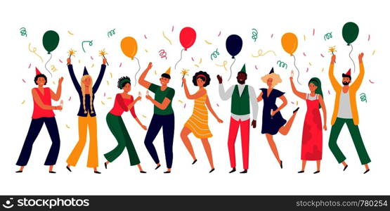 People celebrating. Young men and women dance at celebration party, joyful balloons and confetti. Happiness adults business coworkers achievement victory celebration vector illustration. People celebrating. Young men and women dance at celebration party, joyful balloons and confetti vector illustration