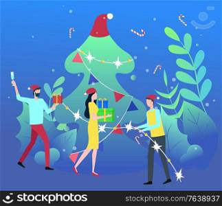 People celebration winter holidays near fir-tree with garland. Man and woman in hat going with gift box, traditional Xmas symbol. Boyfriend and girlfriend holding present, standing near tree vector. Man and Woman with Present, Winter Holiday Vector