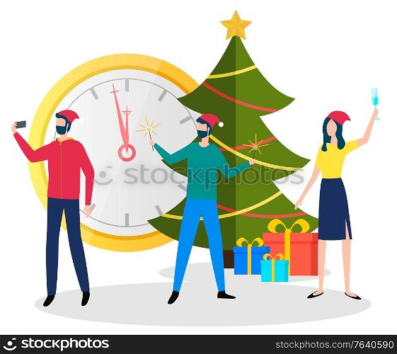 People celebration winter holidays near traditional symbol Christmas tree, present box and clock. Man and woman wearing Santa hat making selfie together. Male and female shooting with gifts vector. Man and Woman Celebrating Xmas Holiday Vector