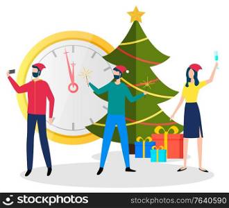 People celebration winter holidays near traditional symbol Christmas tree, present box and clock. Man and woman wearing Santa hat making selfie together. Male and female shooting with gifts vector. Man and Woman Celebrating Xmas Holiday Vector