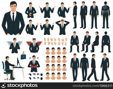 People character business set. Front, side, back view animated character. Standing Businessman character in shirt and pants face emotions, poses, gestures,walking, sitting .Cartoon style, flat isolated vector