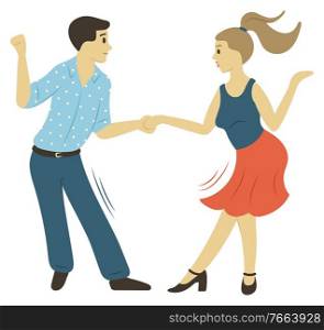 People character dancing, full length view of man and woman moving with holding hands isolated. Dancers rhythm, male and female hobby, motion vector. Couple Action, Dancer Moving, Dance Hobby Vector