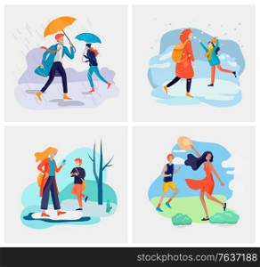 People character in various weather conditions. Man and woman in seasonal clothes and enjoys walking on street in rain, snowfall, summer heat. Colorful vector cartoon illustration. Young woman with her dog in various weather conditions. Girl in seasonal clothes and enjoys walking on street in rain, snowfall, summer heat