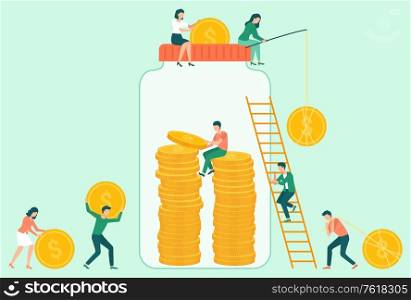 People character saving coins in jar, attraction and accumulation of capital. Man and woman catching dollars, stairs and thrift-box decoration vector. Invest money. Coins in Jar, Attraction of Capital, Save Vector