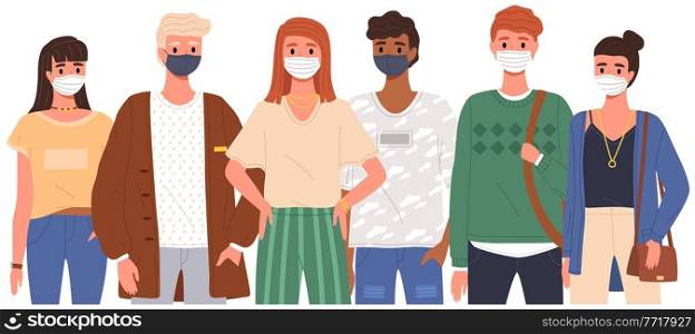 People characters are wearing medical masks. Men stand side by side and pose, vector illustration isolated set. Coronavirus during time of pandemic. Woman protect their face with masks. Male characters are wearing medical masks. Coronavirus during time of pandemic vector illustration