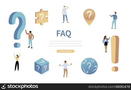 People characters, Frequently Asked Questions. Woman and man ask questions and receive answers. Online support center and internet communication platform. Online forum users. Vector Illustration.