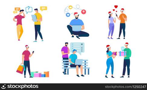 People Characters in Santa Claus Hats isolated on White Background. Holiday Shopping, Couple Giving Gifts, Happy Men and Women. Guy with Laptop, Social Media Network. Cartoon Flat Vector Illustration.. Holiday Shopping, People Characters in Santa Hats
