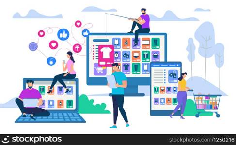 People Characters Interacting with Mobile Phones, Laptops, Tablets, Computers and other Gadgets Buying Things and Presents. Men and Women Online Shopping. E-commerce. Cartoon Flat Vector Illustration. People Interacting with Gadget for Online Shopping