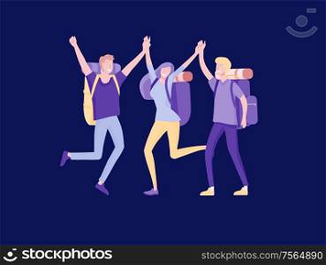 People characters man and woman for hiking and trekking, holiday travel vector, hiker and tourism illustration. Happy Tourists travelling with friends dancing and hugging. People characters man and woman for hiking and trekking, holiday travel vector, hiker and tourism illustration. Tourists travelling with friends dancing and hugging