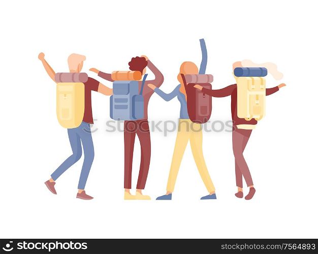 People characters man and woman for hiking and trekking, holiday travel vector, hiker and tourism illustration. Happy Tourists travelling with friends dancing and hugging. People characters man and woman for hiking and trekking, holiday travel vector, hiker and tourism illustration. Tourists travelling with friends, in various activity with luggage and equipment