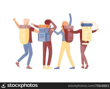 People characters man and woman for hiking and trekking, holiday travel vector, hiker and tourism illustration. Happy Tourists travelling with friends dancing and hugging. People characters man and woman for hiking and trekking, holiday travel vector, hiker and tourism illustration. Tourists travelling with friends, in various activity with luggage and equipment