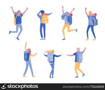People characters man and woman for hiking and trekking, holiday travel vector, hiker and tourism illustration. Happy Tourists travelling with friends dancing and hugging. People characters man and woman for hiking and trekking, holiday travel vector, hiker and tourism illustration. Tourists travelling with friends dancing and hugging