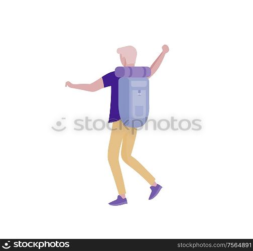 People characters man for hiking and trekking, holiday travel vector, hiker and tourism illustration. Happy Tourists travelling with friends dancing and hugging. People characters man and woman for hiking and trekking, holiday travel vector, hiker and tourism illustration. Tourists travelling with friends, in various activity with luggage and equipment