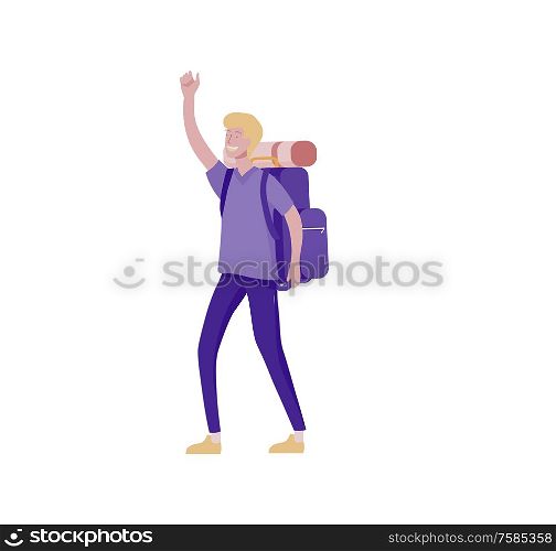 People characters man for hiking and trekking, holiday travel vector, hiker and tourism illustration. Happy Tourists travelling with friends dancing and hugging. People characters man and woman for hiking and trekking, holiday travel vector, hiker and tourism illustration. Tourists travelling with friends, in various activity with luggage and equipment