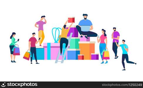 People Characters Moving Around of Huge Heap of Gift Boxes Isolated on White Background. Prepare for Holidays. Men and Women Purchase Gifts, Presents. Festive Season. Cartoon Flat Vector Illustration.. People Moving Around of Huge Heap of Gift Boxes