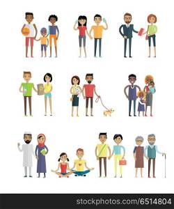 People Characters Set. Smiling people characters set. Men and women, boys and girls in various poses with different objects in hands. Smiling young personages in flat design isolated on white background. Vector illustration