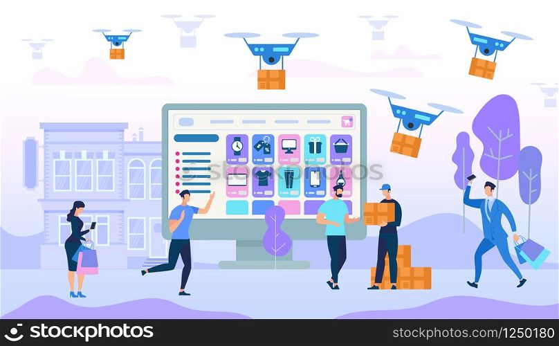 People Characters Shopping and Purchases Express Delivery in City. Drones Carry Boxes. Ecommerce Sales, Digital Consumer Marketing. Online Application on Huge Monitor. Cartoon Flat Vector Illustration. People Characters Shopping and Purchases