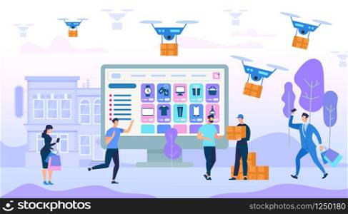 People Characters Shopping and Purchases Express Delivery in City. Drones Carry Boxes. Ecommerce Sales, Digital Consumer Marketing. Online Application on Huge Monitor. Cartoon Flat Vector Illustration. People Characters Shopping and Purchases