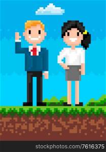 People characters smiling on nature vector, man and woman pixelated personage landscape with grass and soil, cloud in sky square graphics pixel art, business 8 bit game. People Smiling and Waving, Pixel Characters Vector