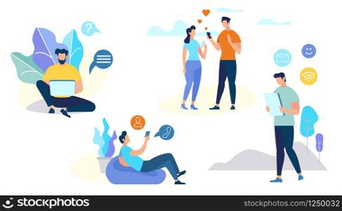 People Characters Talking on Mobile Phone on White Background. Bundle of Men and Women Communicating Through Smartphone. Set of Telephone Conversations or Dialogues. Cartoon Flat Vector Illustration. Set of People Characters Talking on Mobile Phone