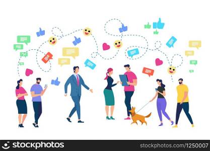 People Characters Using Smartphone and Hi-Tech Gadgets for Social Media Networking. Men and Women Connected with Internet, Communicating and Chatting with Friends. Cartoon Flat Vector Illustration. People Characters Using Smartphone and Gadgets