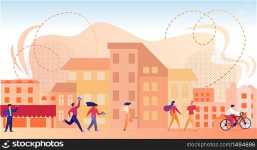 People Characters Walking in Modern City at Summertime. Male and Female Characters Spend Time Outdoors Meeting Friends, Riding Bicycle, Walking on Urban Background. Cartoon Flat Vector Illustration. Characters Walking in Modern City at Summertime.